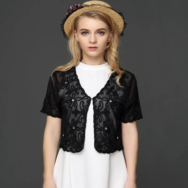 Muslim Style Summer Thin Short Sleeve V Neck Cardigan Bolero Embroidery Floral Rhinestone Lace Mesh Shrugs Jacket