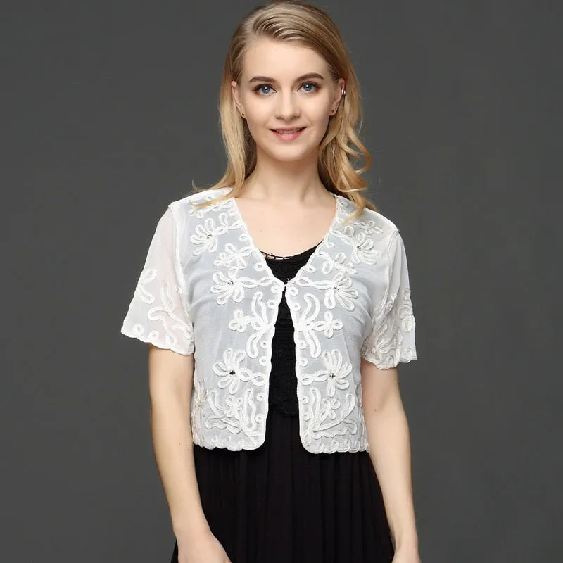 Muslim Style Summer Thin Short Sleeve V Neck Cardigan Bolero Embroidery Floral Rhinestone Lace Mesh Shrugs Jacket