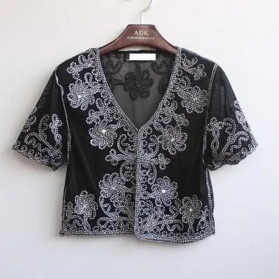 Muslim Style Summer Thin Short Sleeve V Neck Cardigan Bolero Embroidery Floral Rhinestone Lace Mesh Shrugs Jacket