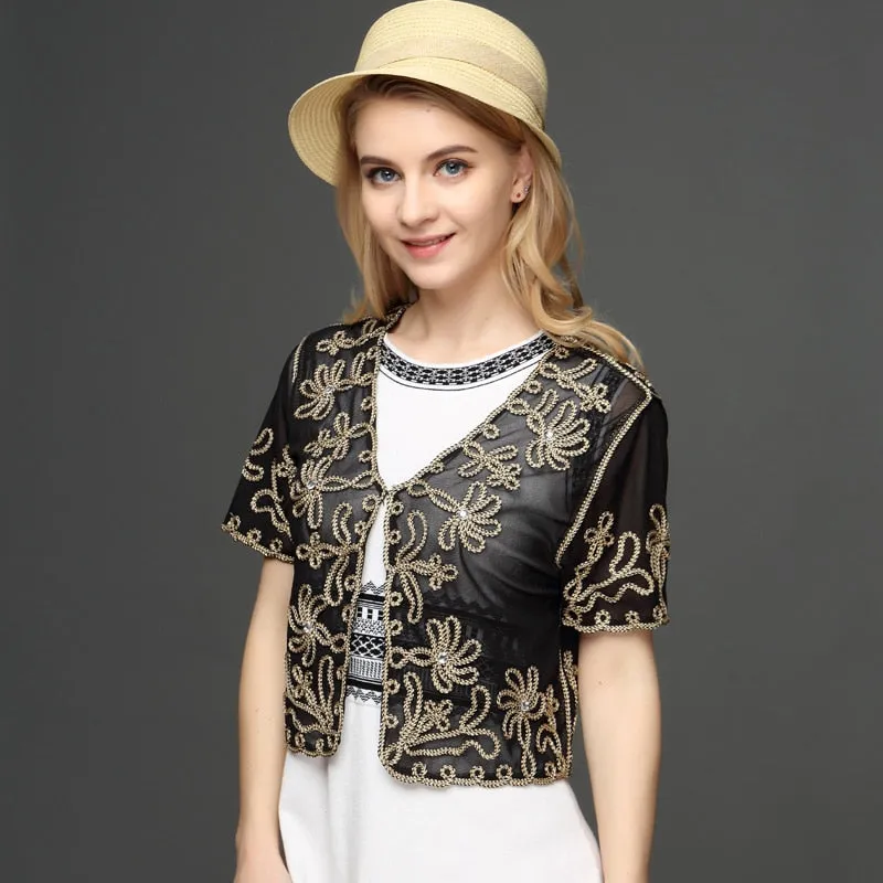 Muslim Style Summer Thin Short Sleeve V Neck Cardigan Bolero Embroidery Floral Rhinestone Lace Mesh Shrugs Jacket