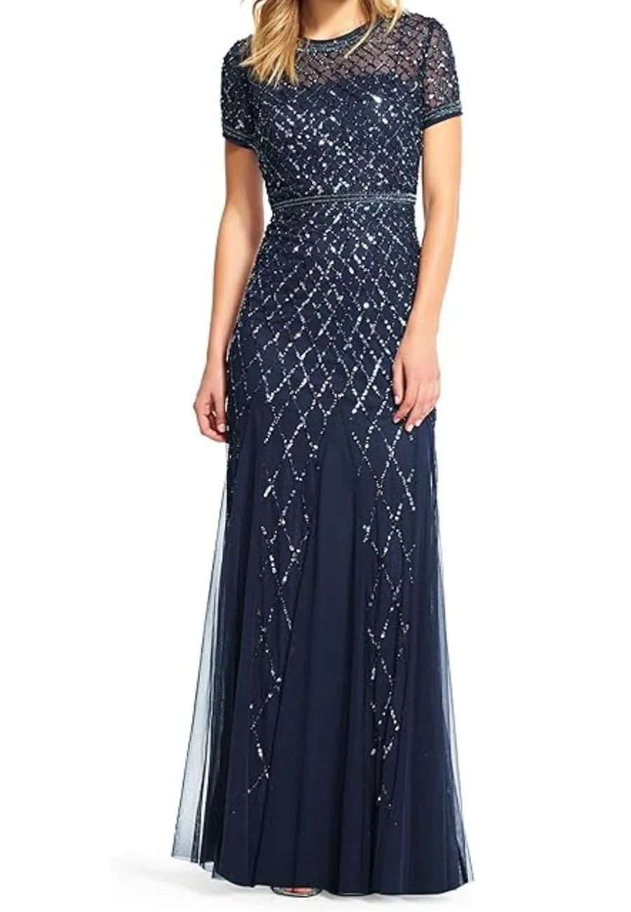 Navy Embellished Short Sleeves Mermaid Gown