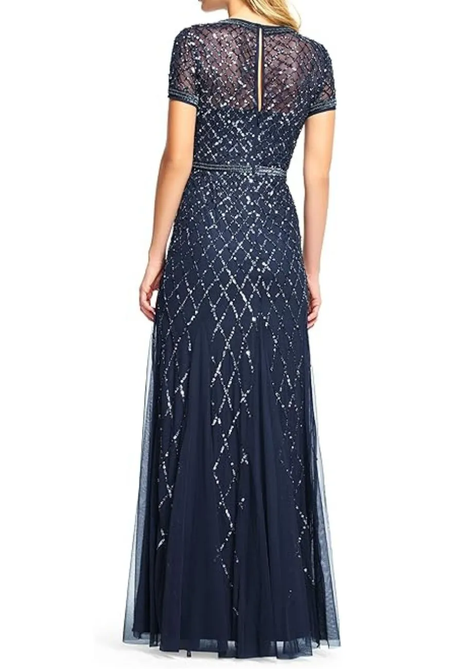 Navy Embellished Short Sleeves Mermaid Gown