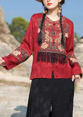 New Red Embroidered Tasseled Silk Coat Long Sleeve QA1062