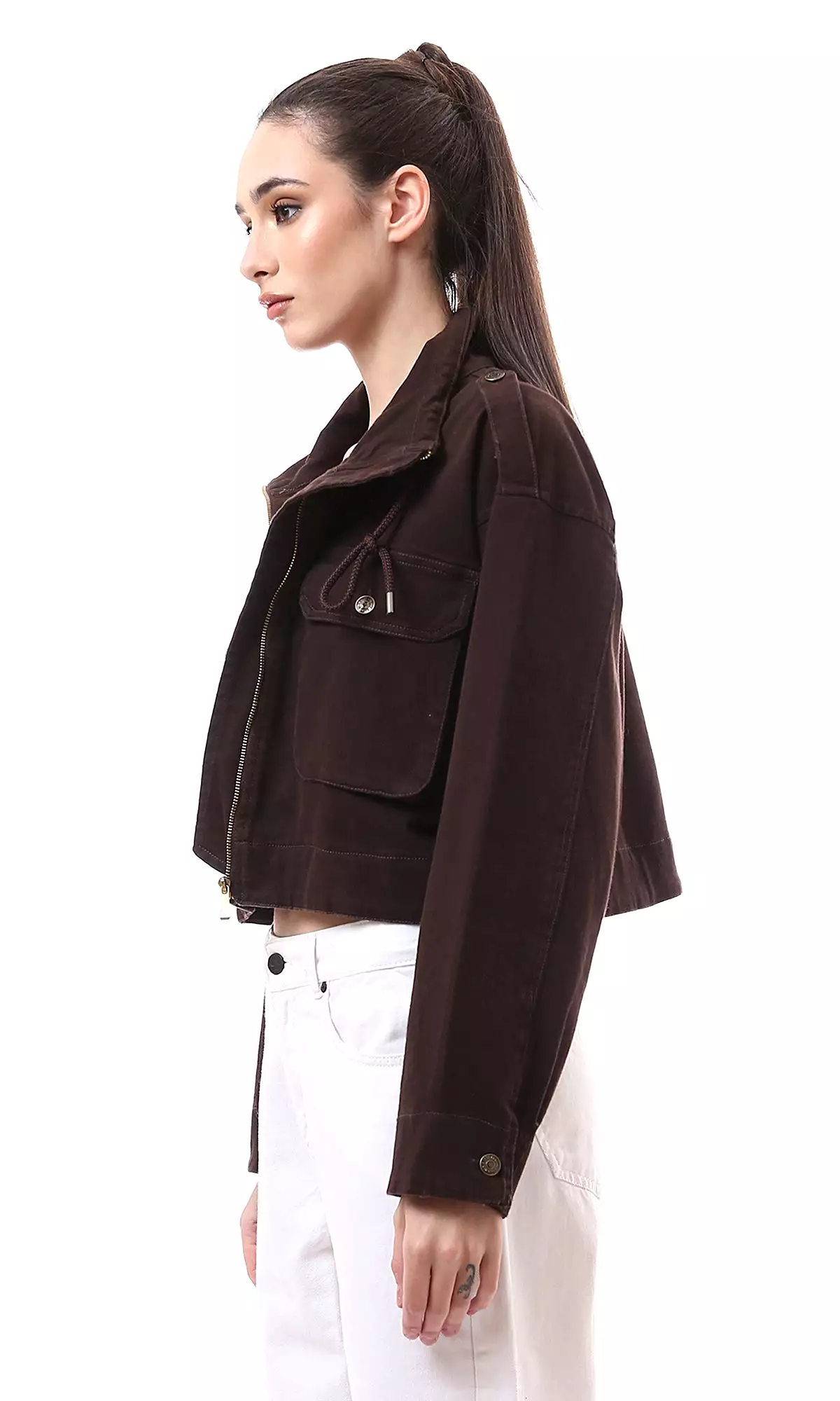 O172031 Dark Brown Short Jacket With Front Pockets