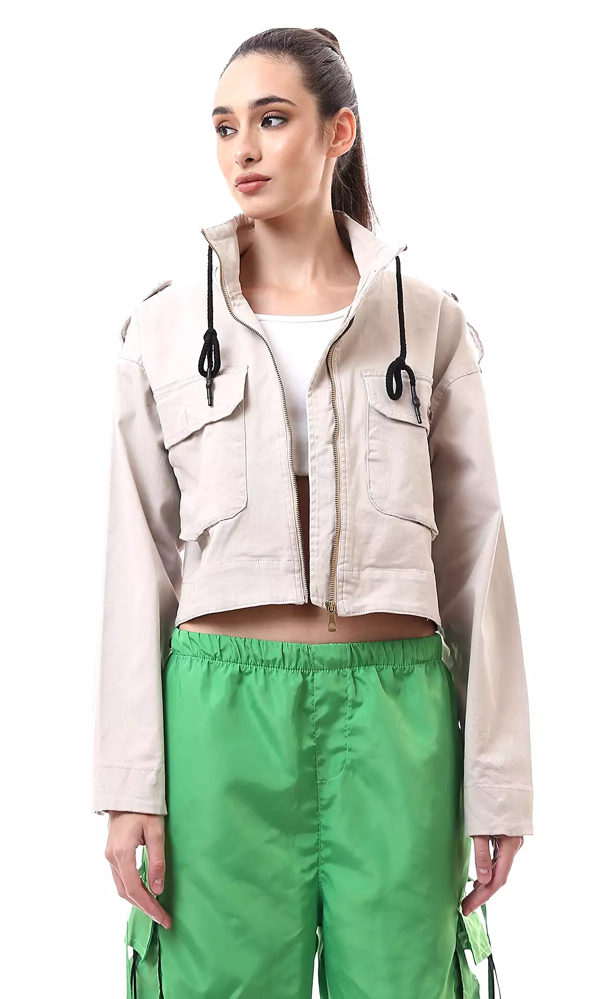 O172032 Front Fully Zipper Beige Short Jacket