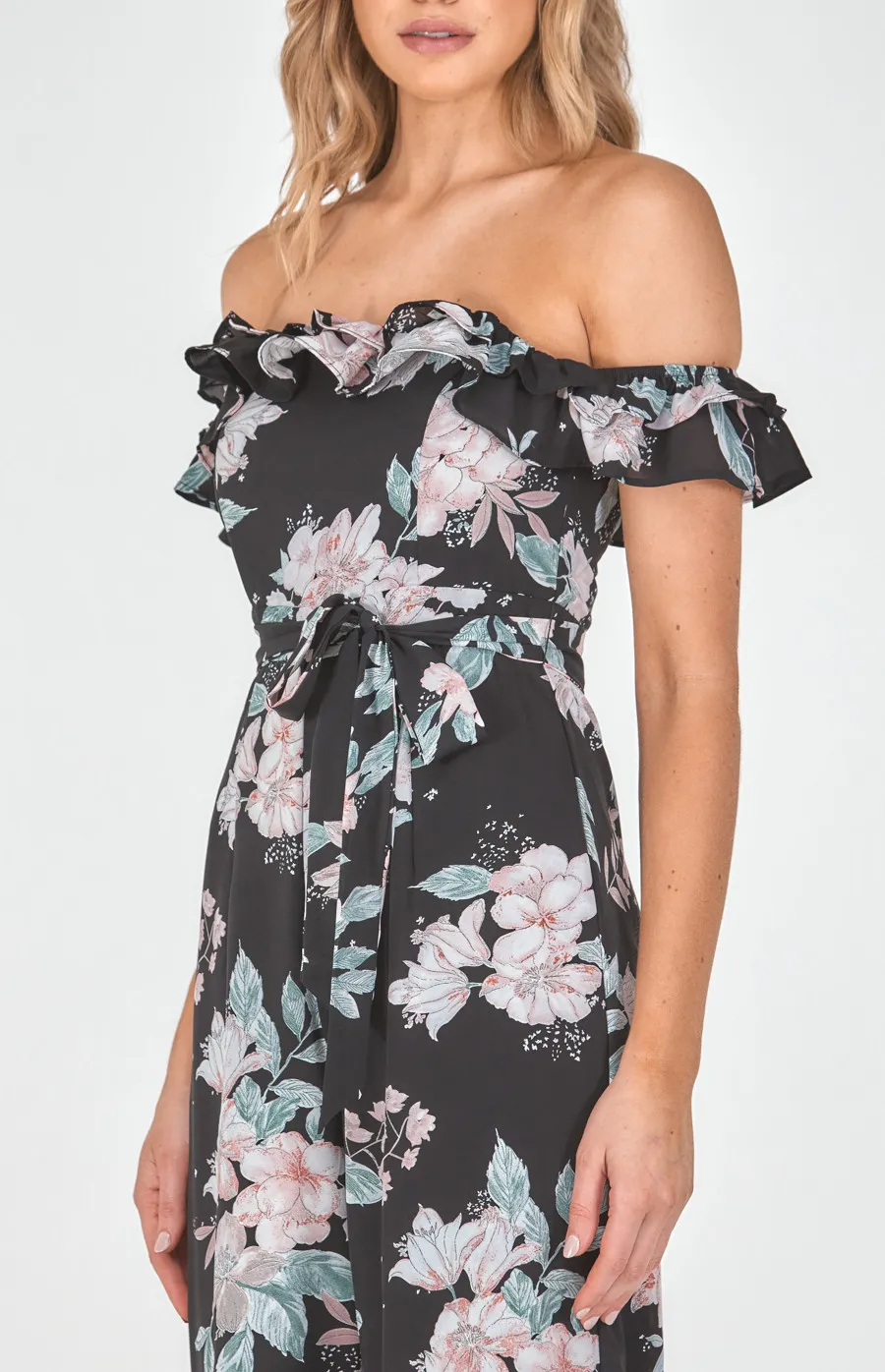 Off the Shoulder Floral Jumpsuit with Ruffle Trim (SJP519A)