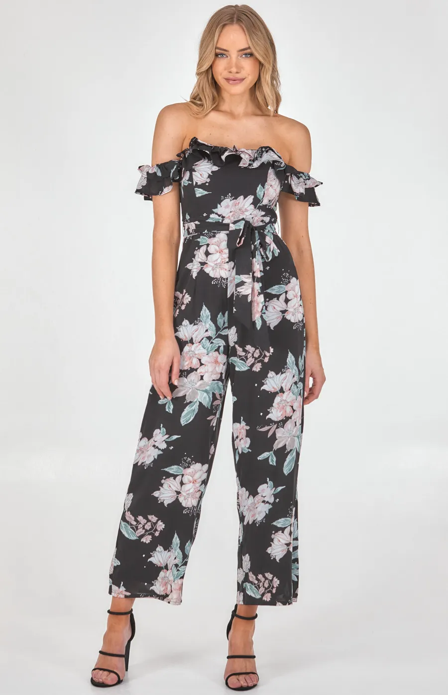 Off the Shoulder Floral Jumpsuit with Ruffle Trim (SJP519A)