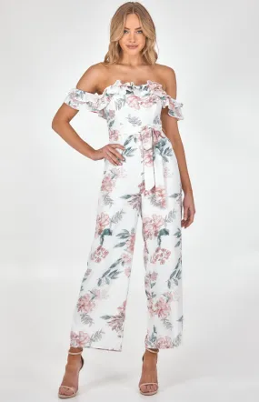 Off the Shoulder Floral Jumpsuit with Ruffle Trim (SJP519A)