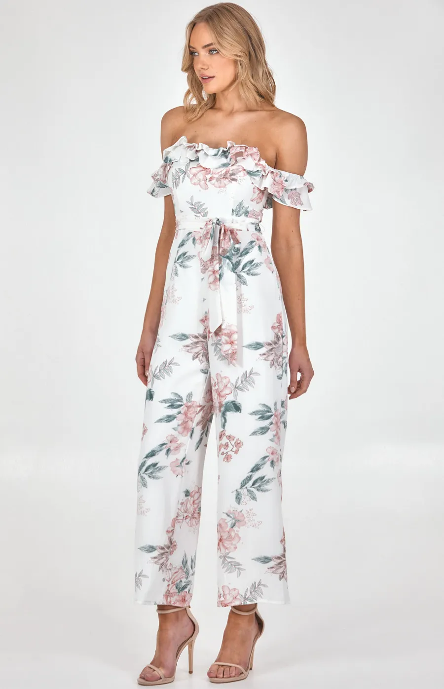 Off the Shoulder Floral Jumpsuit with Ruffle Trim (SJP519A)