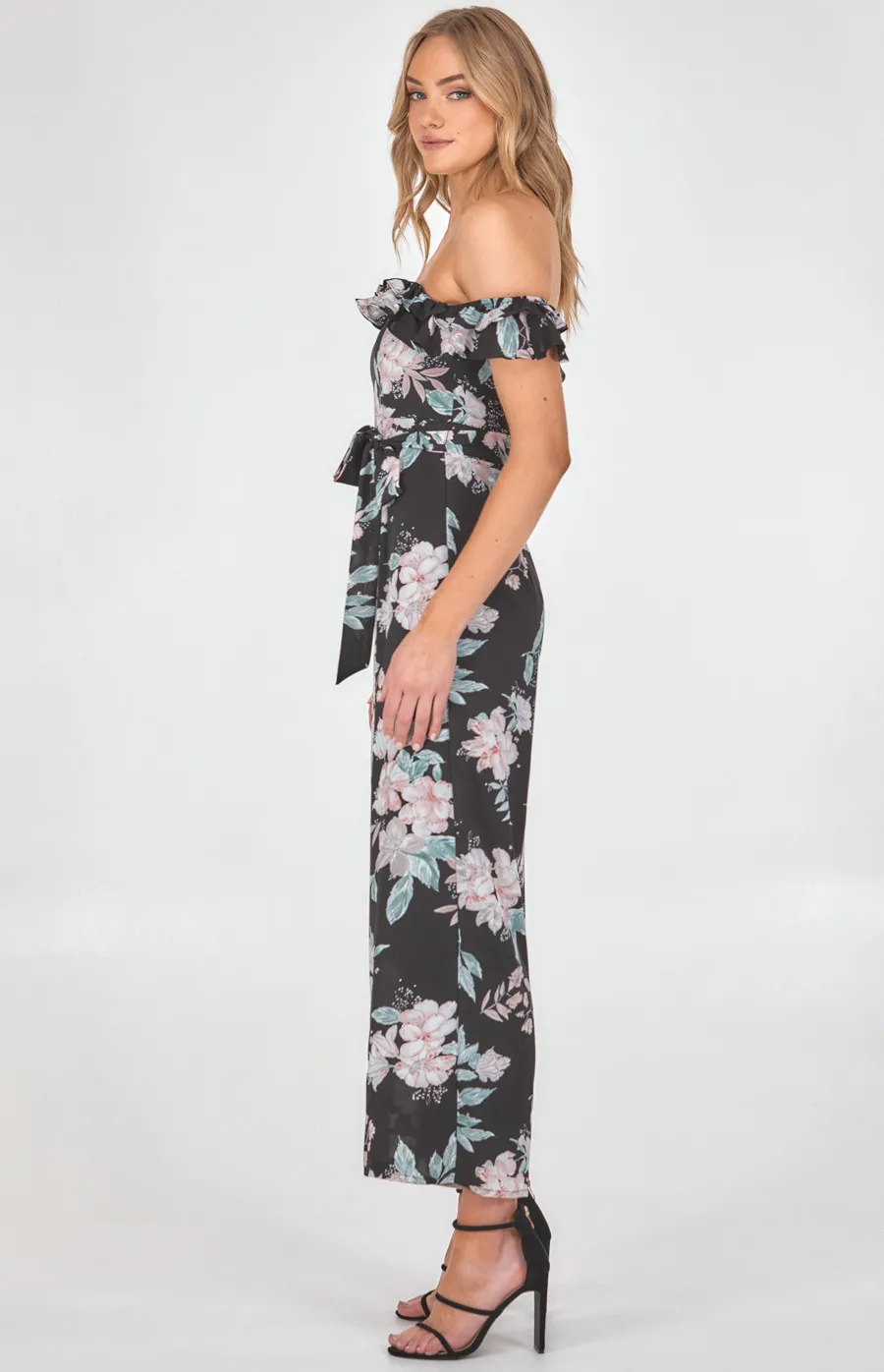 Off the Shoulder Floral Jumpsuit with Ruffle Trim (SJP519A)