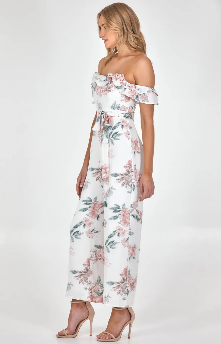 Off the Shoulder Floral Jumpsuit with Ruffle Trim (SJP519A)