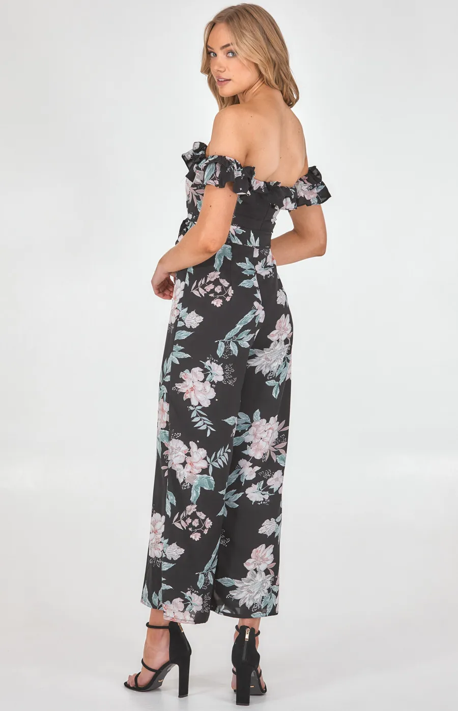 Off the Shoulder Floral Jumpsuit with Ruffle Trim (SJP519A)