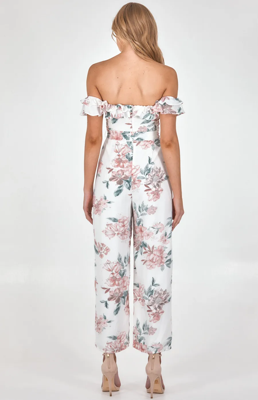 Off the Shoulder Floral Jumpsuit with Ruffle Trim (SJP519A)