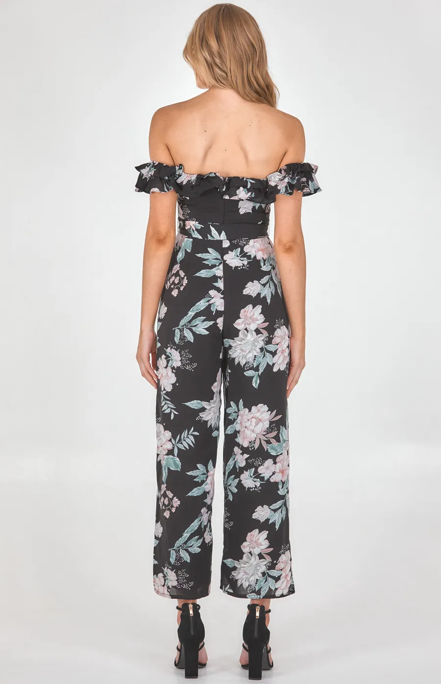 Off the Shoulder Floral Jumpsuit with Ruffle Trim (SJP519A)