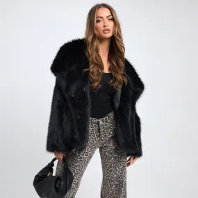 Oversized Collar Coat In Black Faux Fur