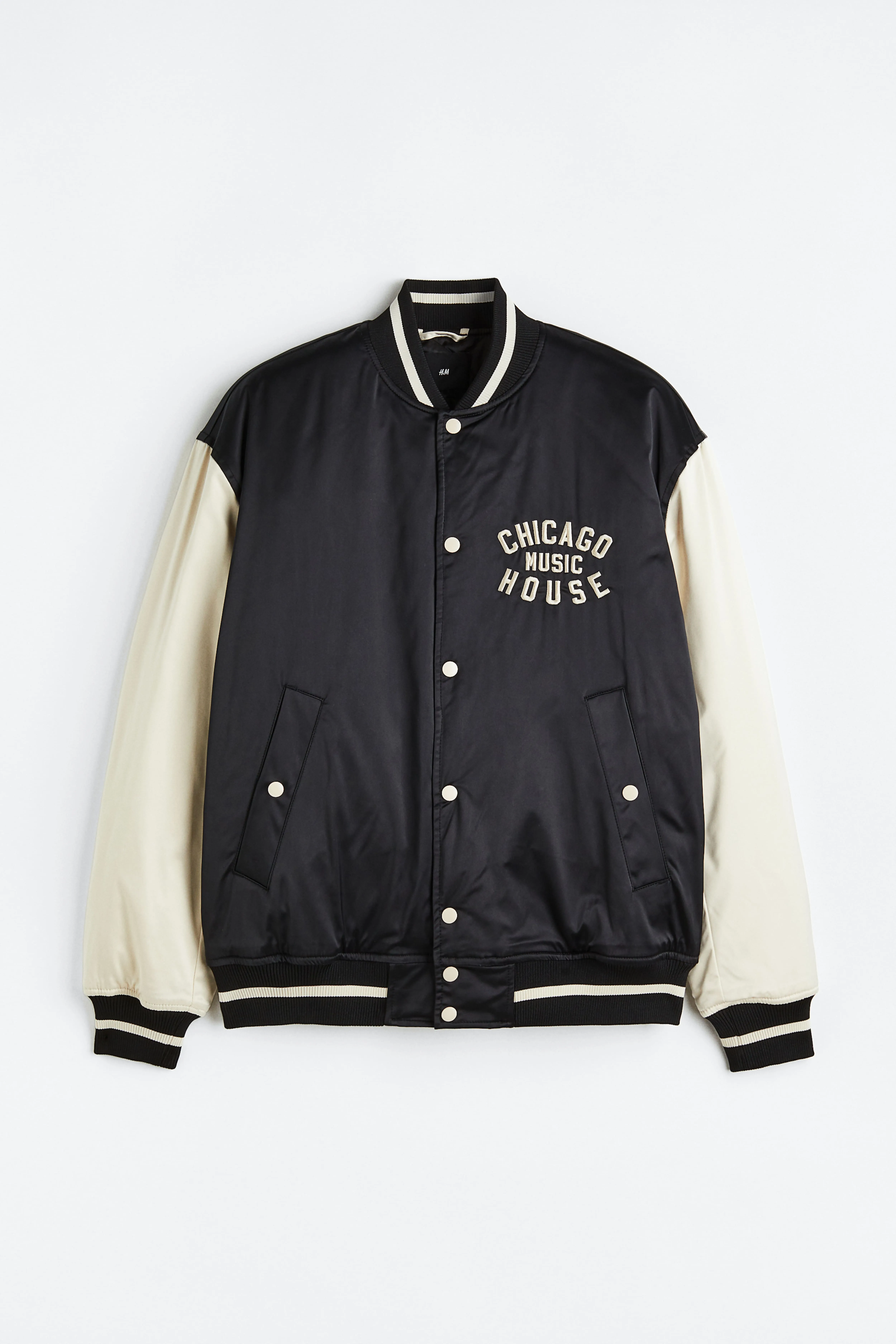 Oversized Fit Satin baseball jacket - Long sleeve - Short - Black/Block-coloured - Men | H&M GB