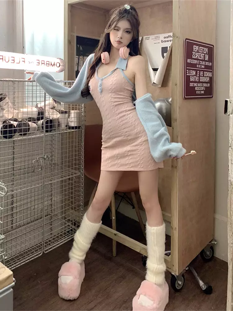 Pastel Pink Blue K-pop Style Outfit Dress and Sweater Set ON961