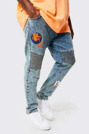 Plus Skinny Fit Biker Jean With World Print