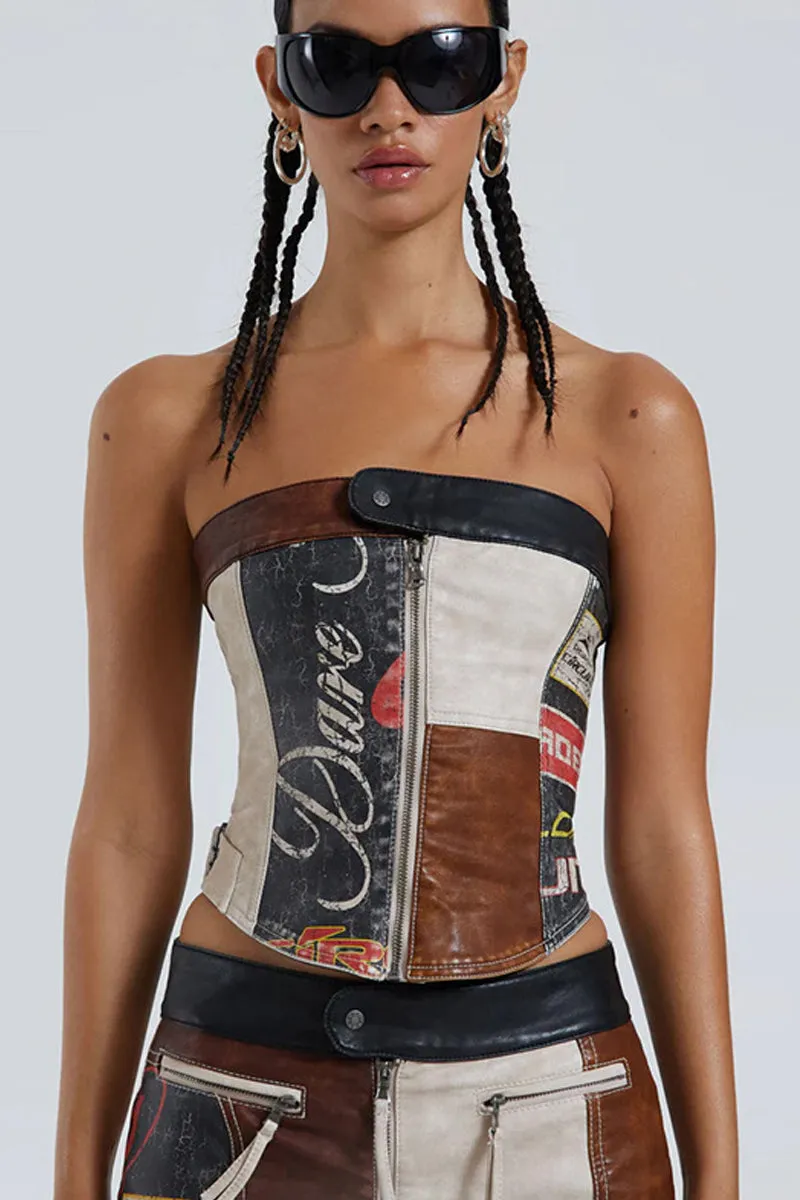 Print Zip Front Leather Strapless Crop Top