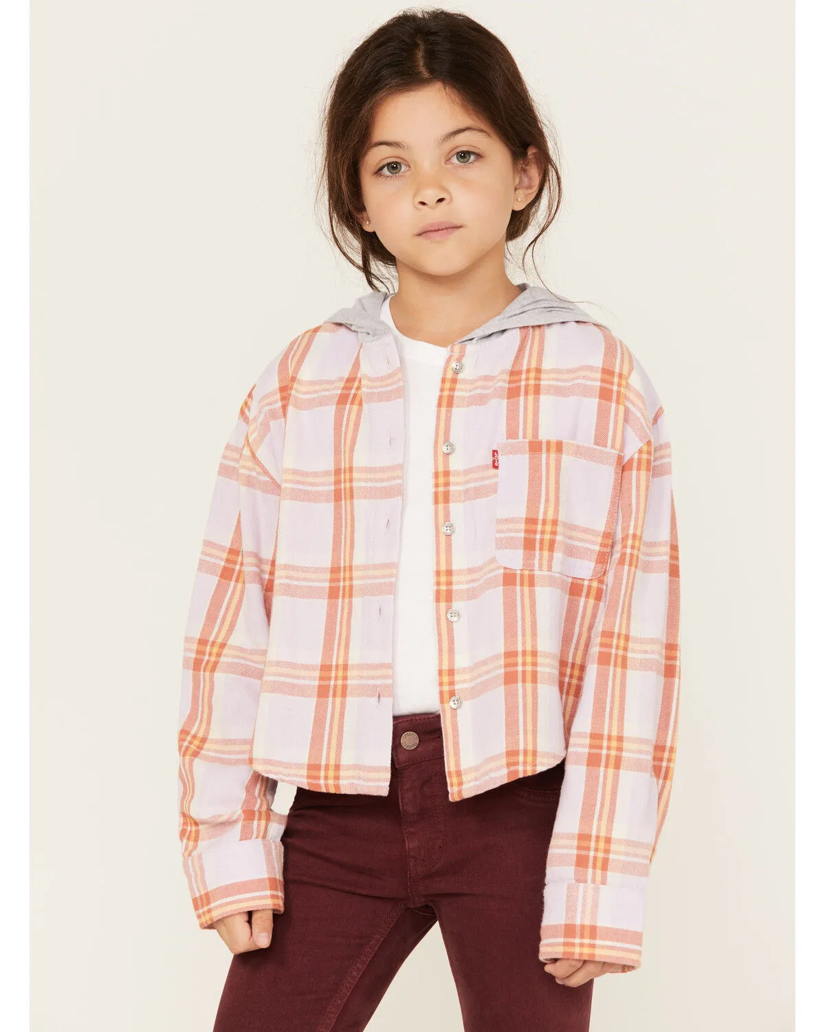 Product Name:  Levi's Little Girls' Plaid Print Long Sleeve Button-Down Hooded Shirt