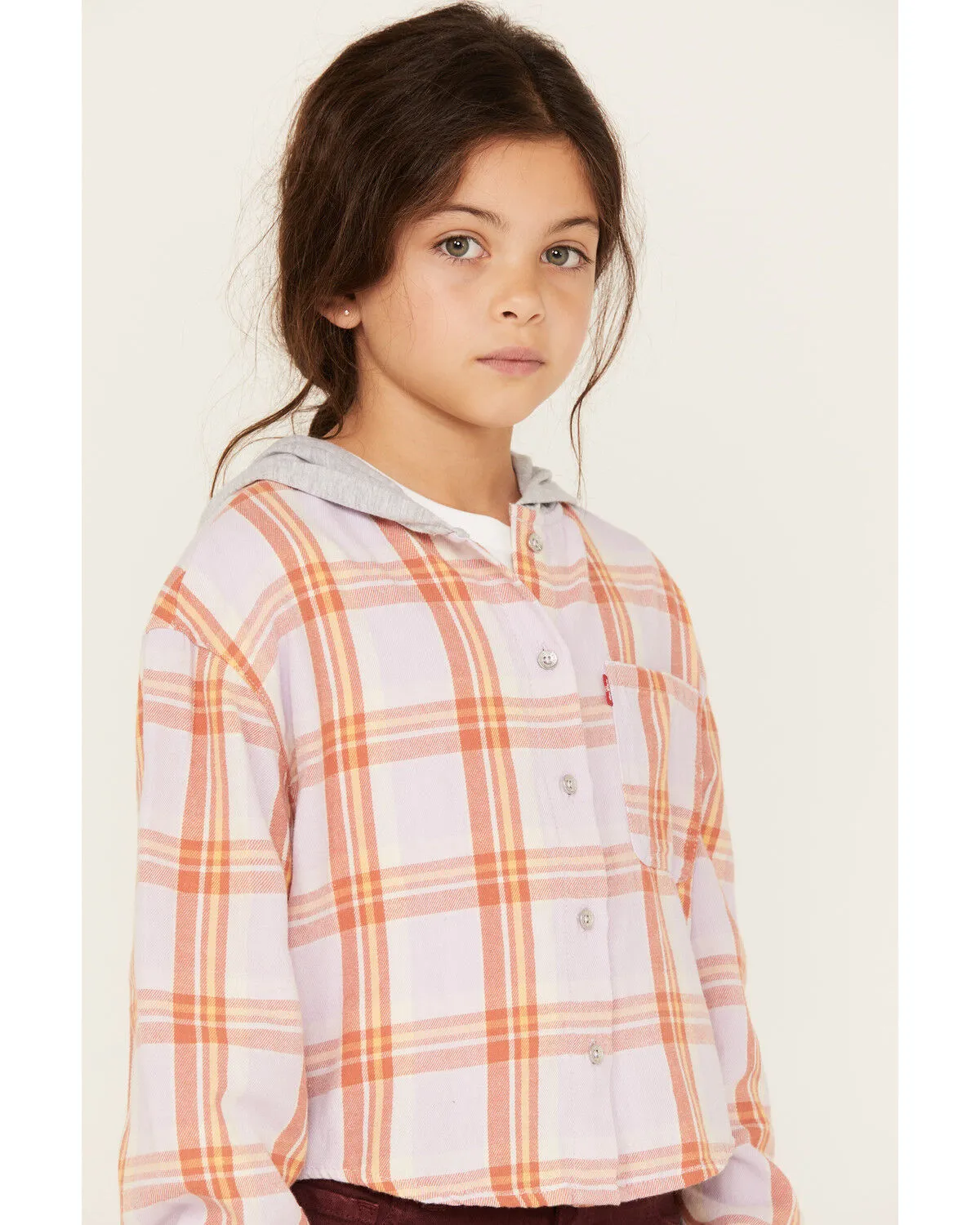 Product Name:  Levi's Little Girls' Plaid Print Long Sleeve Button-Down Hooded Shirt