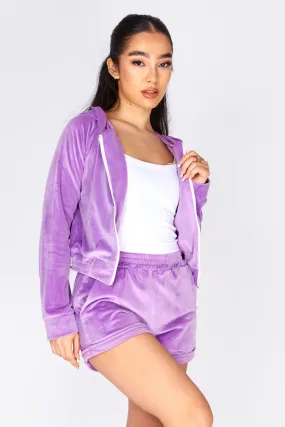 Purple Velour Cropped Jacket And Short Set