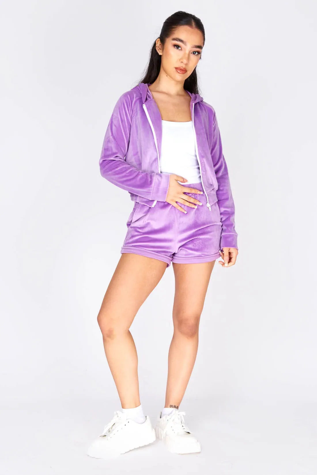 Purple Velour Cropped Jacket And Short Set