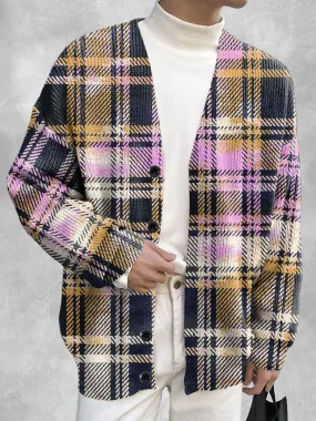 Retro Multi-Color Plaid Printed Single-Breasted Casual Knitted Cardigan