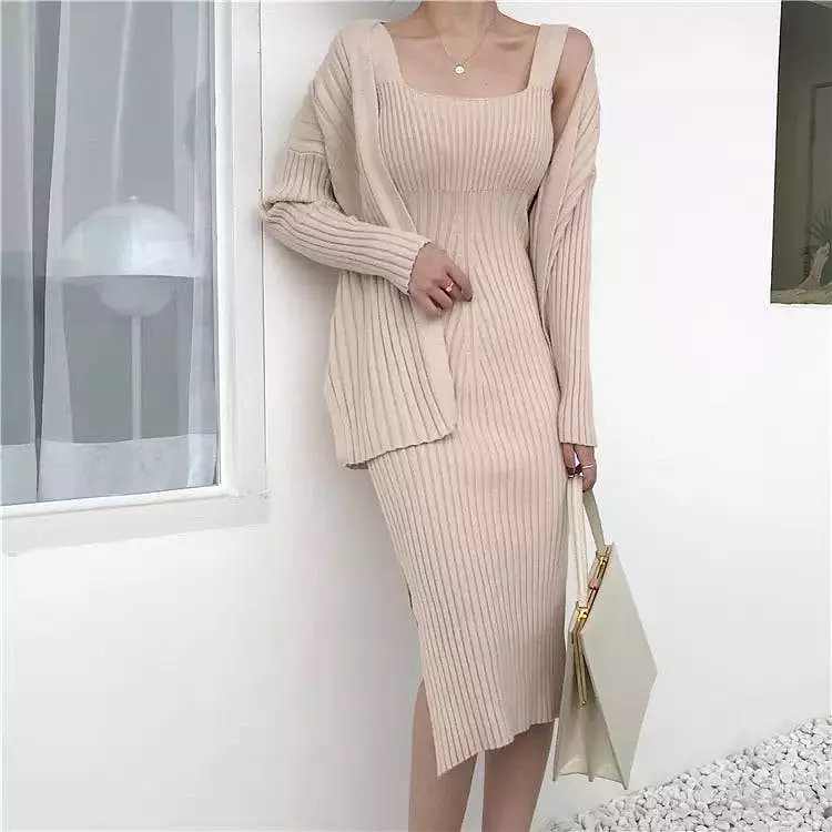 Ribbed Knit Midi Dress And Long Sleeve Sweater Robe Two Piece Set