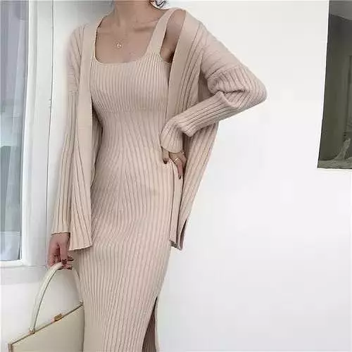 Ribbed Knit Midi Dress And Long Sleeve Sweater Robe Two Piece Set