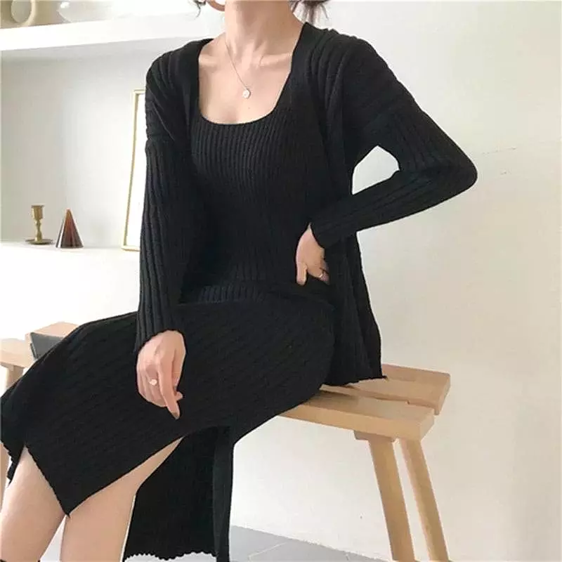 Ribbed Knit Midi Dress And Long Sleeve Sweater Robe Two Piece Set