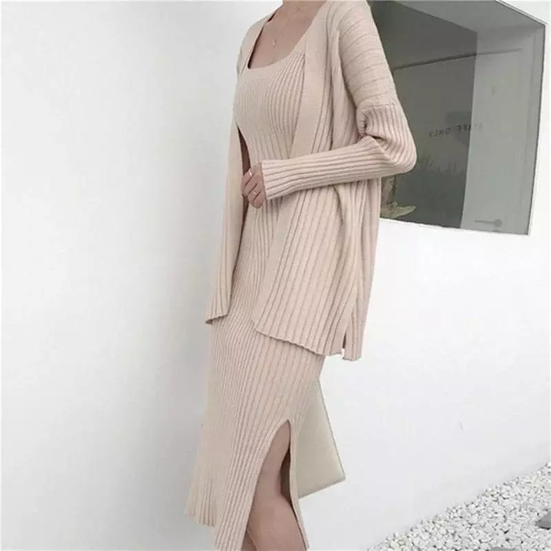 Ribbed Knit Midi Dress And Long Sleeve Sweater Robe Two Piece Set