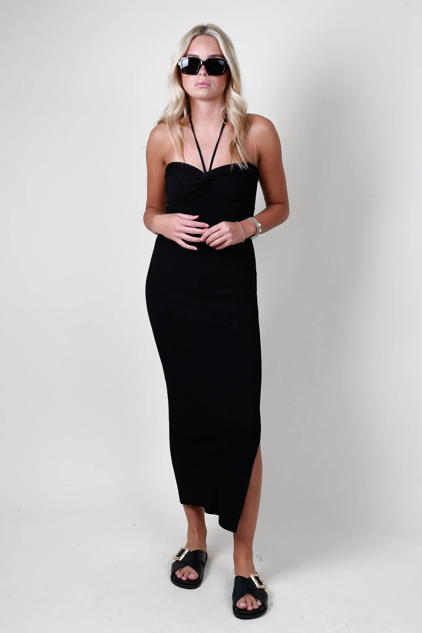 Ruched Halter Knit Dress - Black