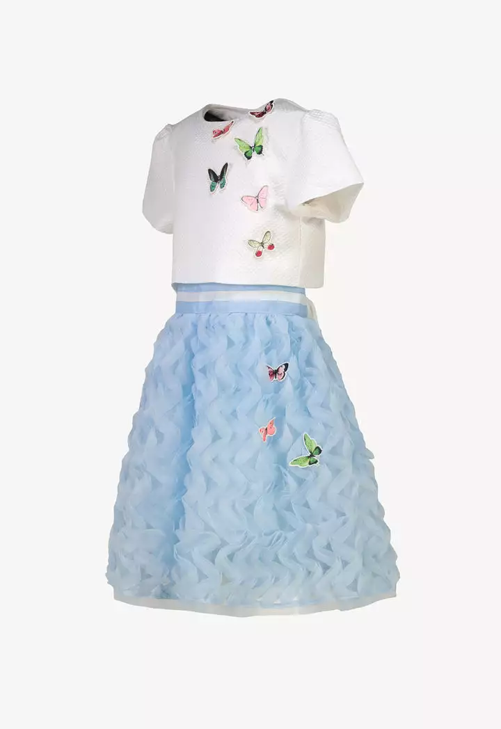 Ruffle Tulle Butterfly Patch Dress And Blouse Sets