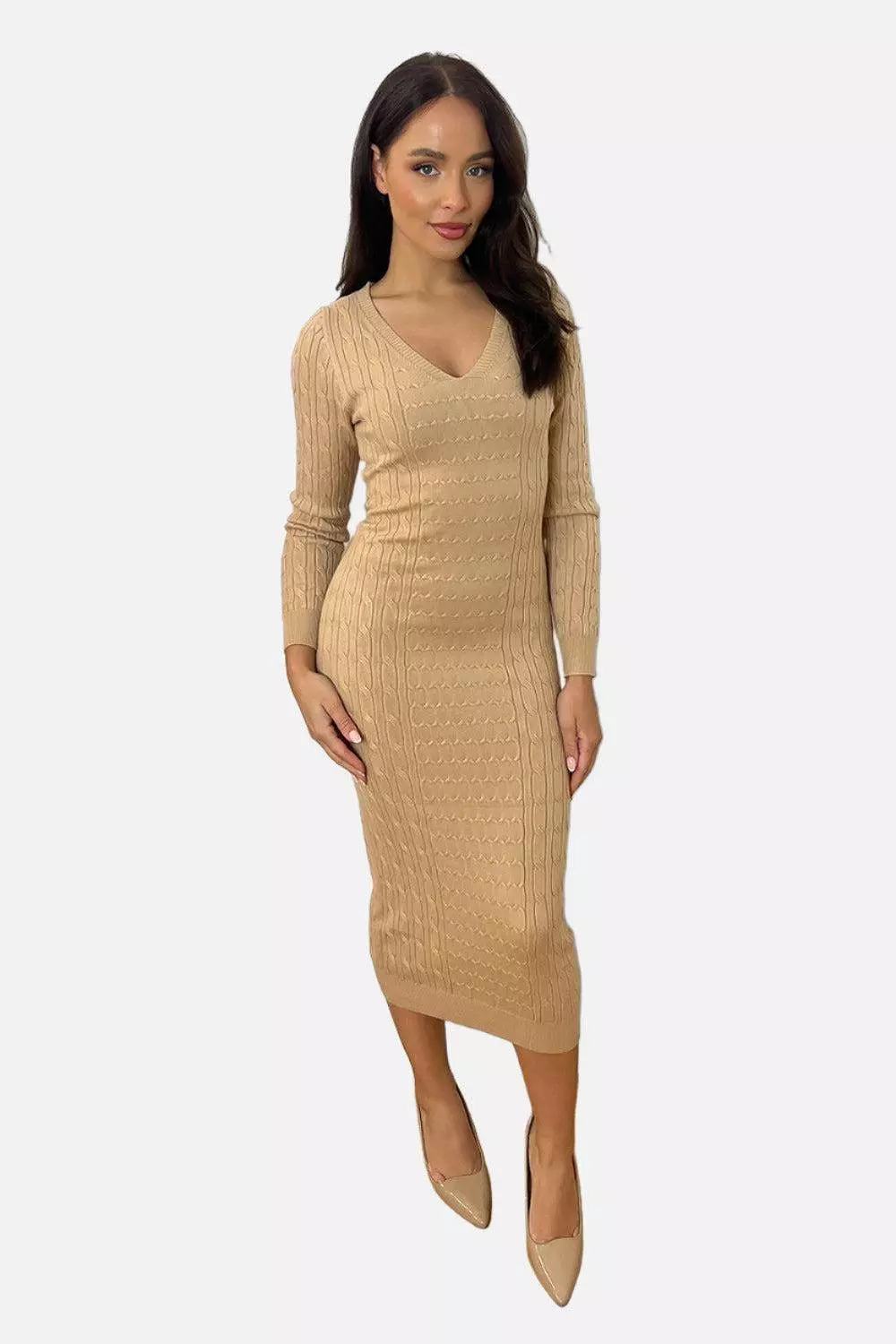 Shirred Knit Deep V-Neck Midi Knitted Dress