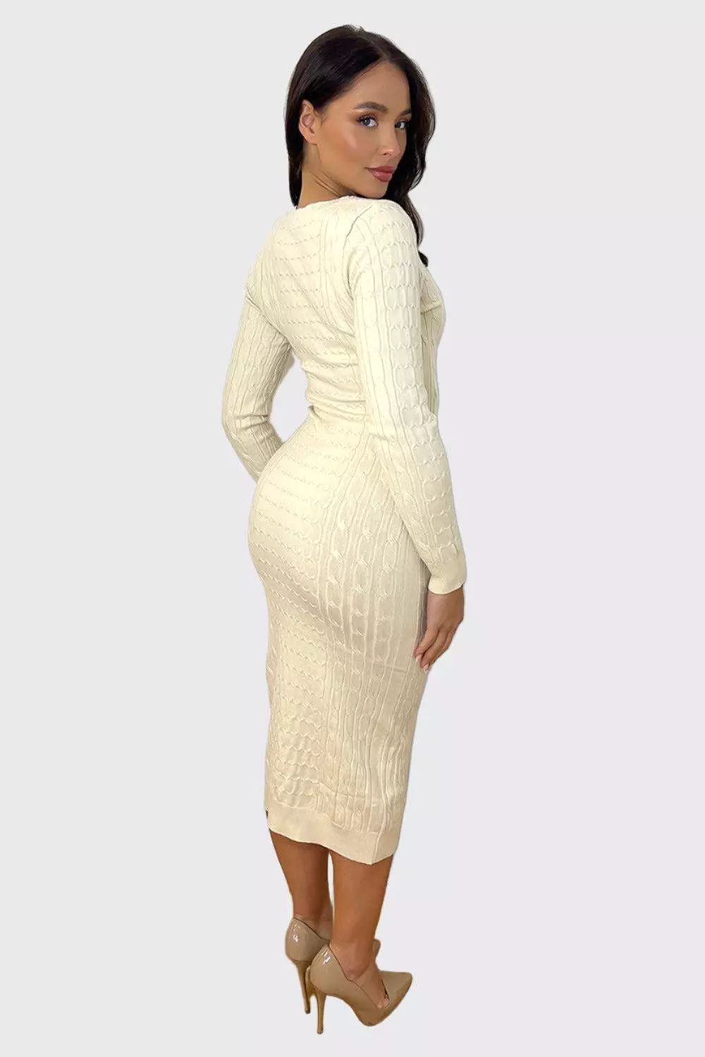 Shirred Knit Deep V-Neck Midi Knitted Dress