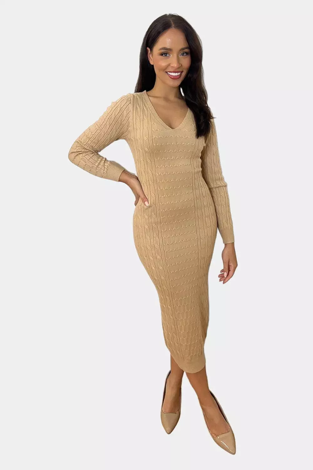 Shirred Knit Deep V-Neck Midi Knitted Dress