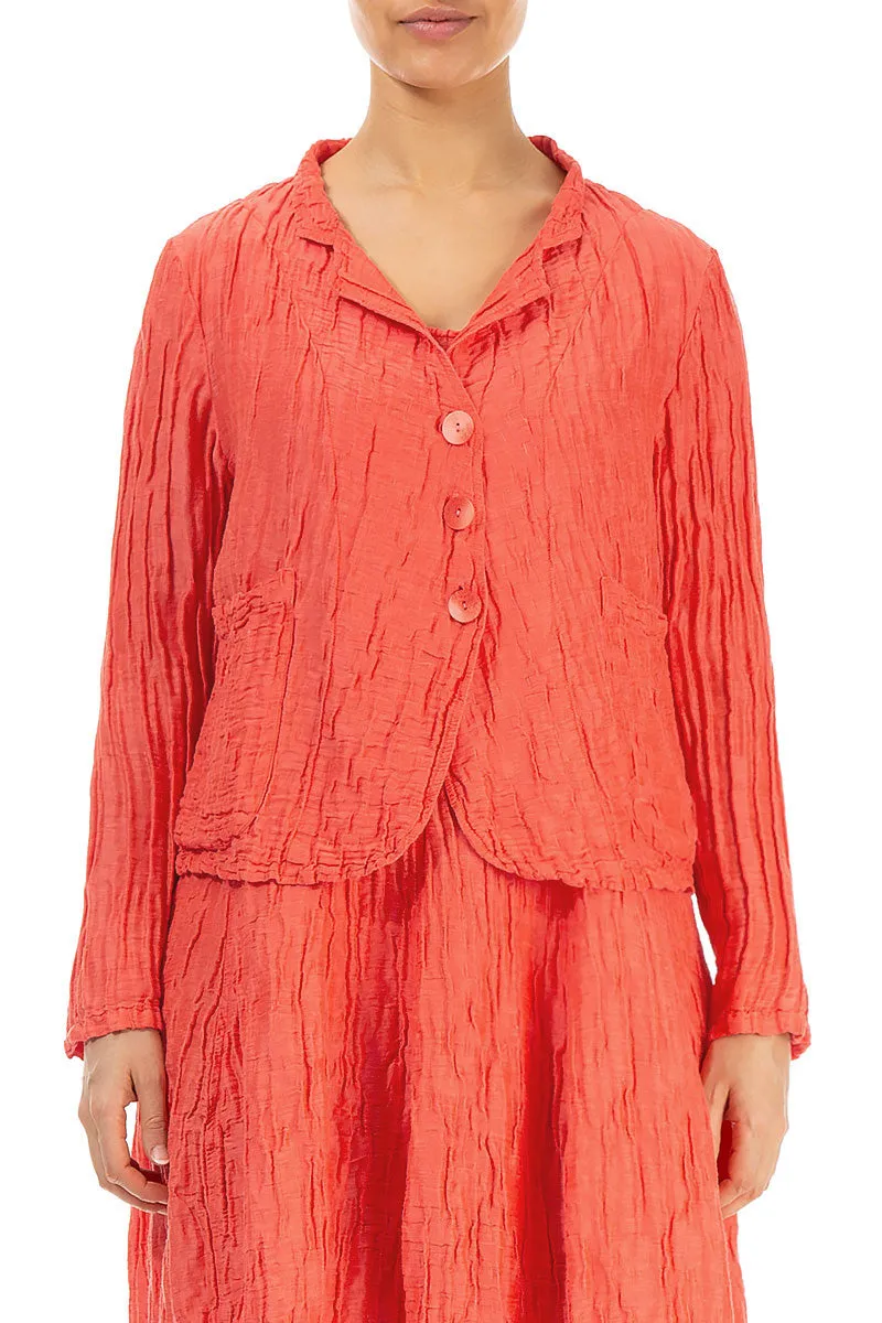 Short Crinkled Living Coral Silk Linen Jacket