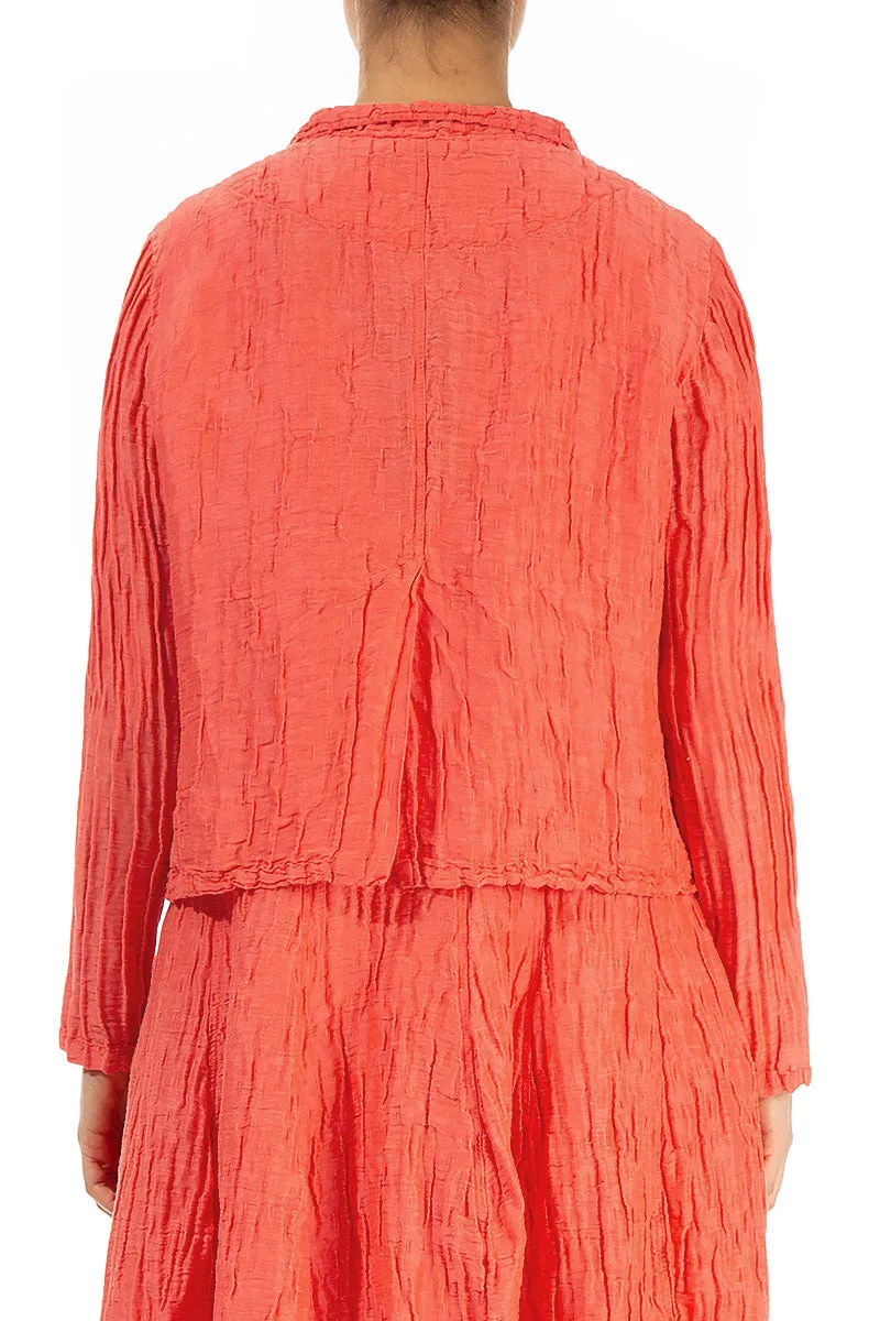 Short Crinkled Living Coral Silk Linen Jacket