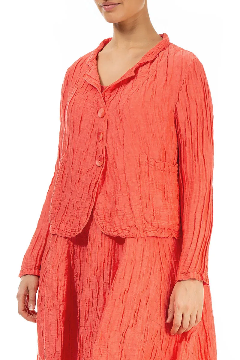 Short Crinkled Living Coral Silk Linen Jacket