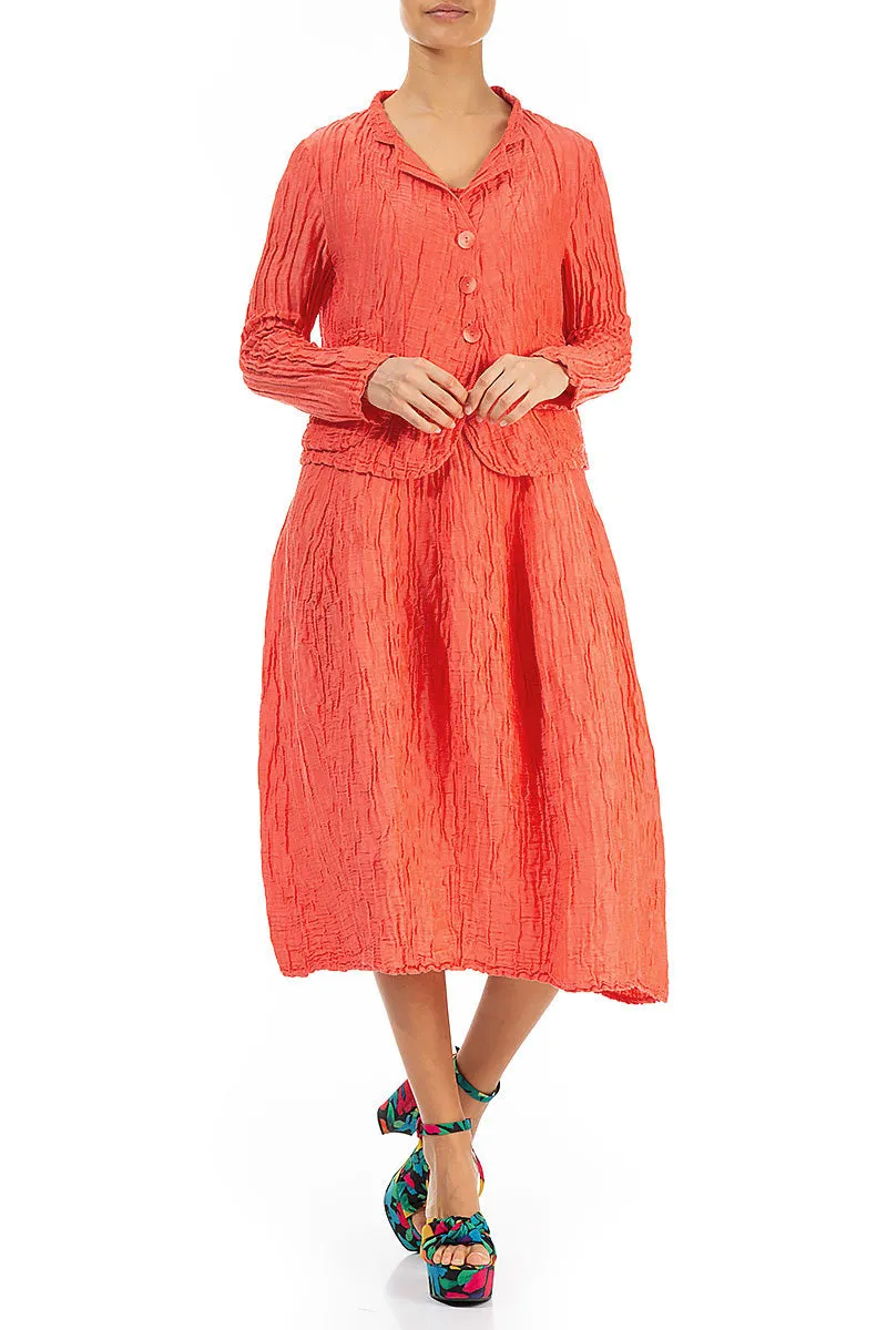 Short Crinkled Living Coral Silk Linen Jacket