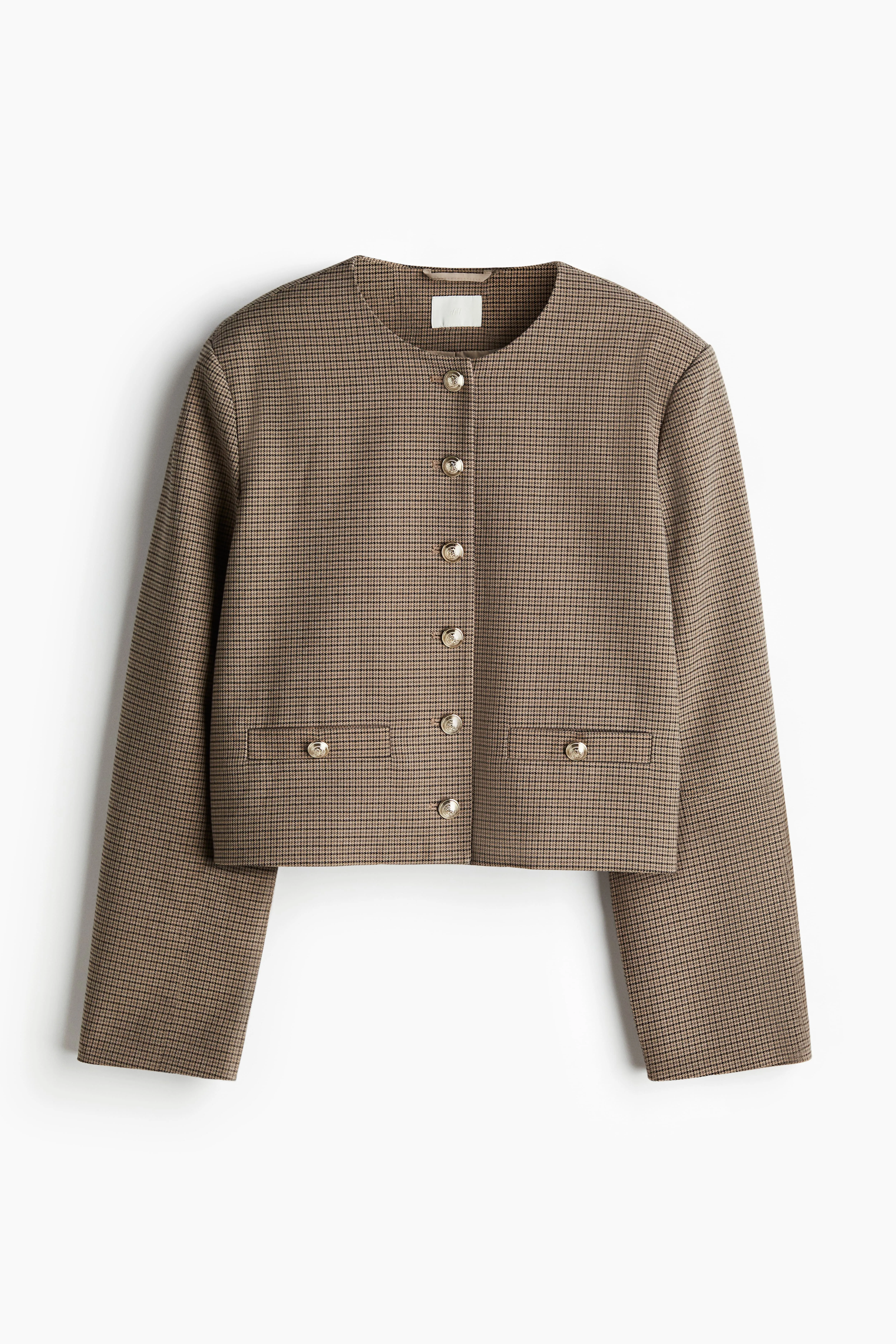 Short jacket - Round neck - Long sleeve - Beige/Dogtooth-patterned - Ladies | H&M GB