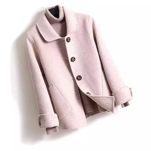 Short Plaid  Wool Coat Women New Single Breasted Turn-down Collar pocket Winter Pure Wool Jacket Female Casaco Feminino