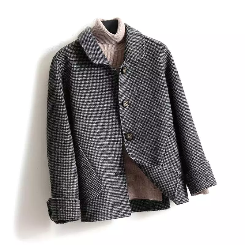 Short Plaid  Wool Coat Women New Single Breasted Turn-down Collar pocket Winter Pure Wool Jacket Female Casaco Feminino