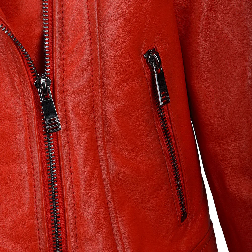 Short Vegetable Tanned Leather Biker Jacket Red : Jenner