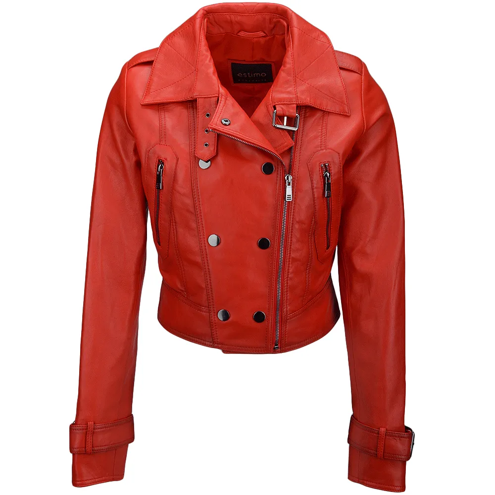 Short Vegetable Tanned Leather Biker Jacket Red : Sabine