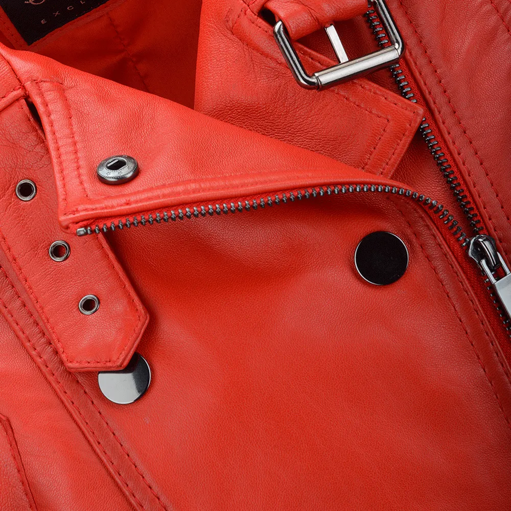 Short Vegetable Tanned Leather Biker Jacket Red : Sabine