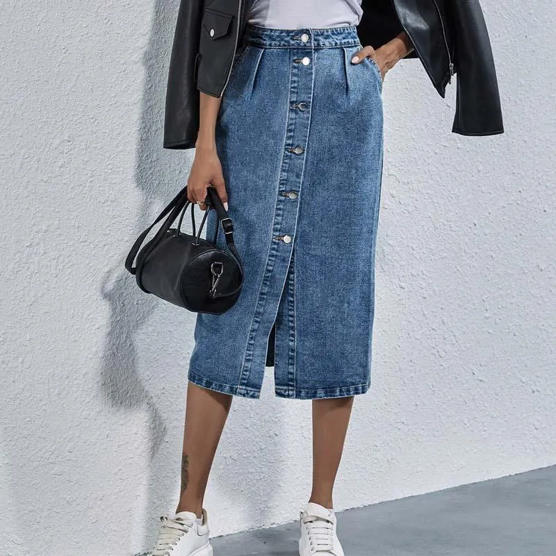 Single Breasted Knee Length Denim Skirt Women Casual High Waist Skirt