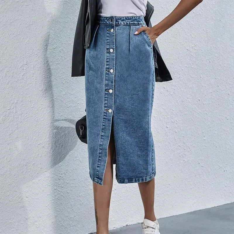 Single Breasted Knee Length Denim Skirt Women Casual High Waist Skirt