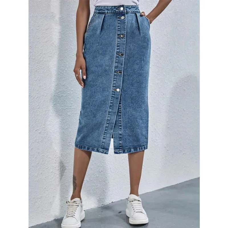 Single Breasted Knee Length Denim Skirt Women Casual High Waist Skirt